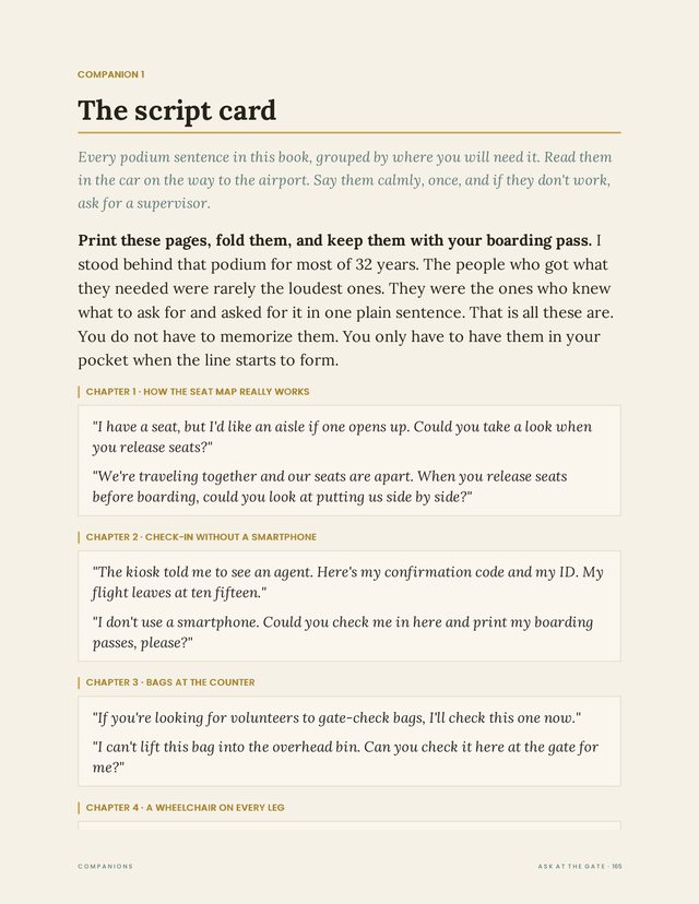 Page 165 of Ask at the Gate: the script card.